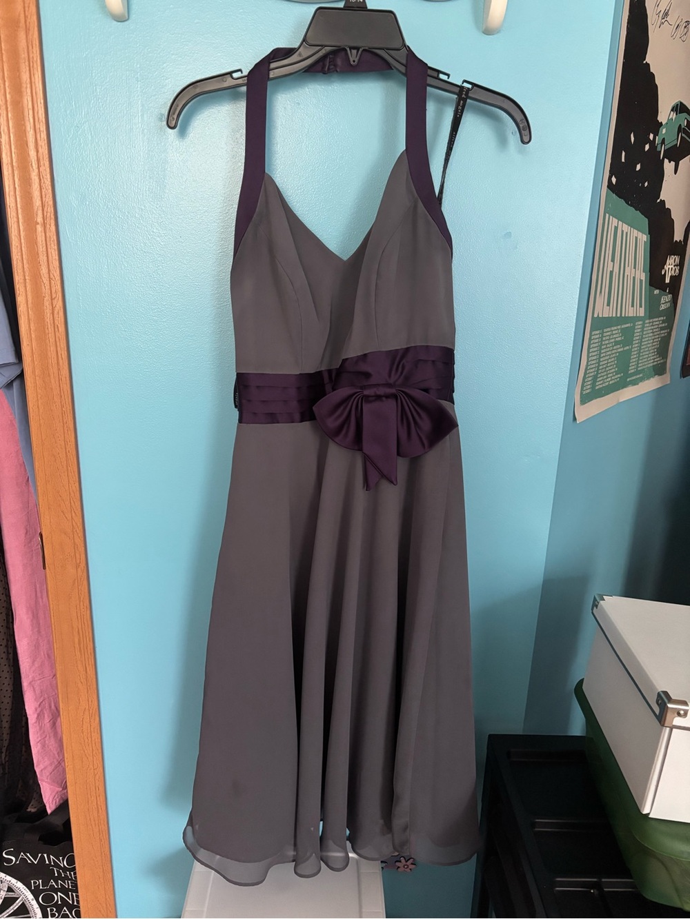 Alfred Angelo Gray Halter Dress with Purple Sash and Bow